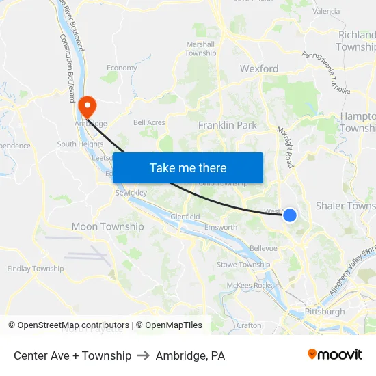 Center Ave + Township to Ambridge, PA map