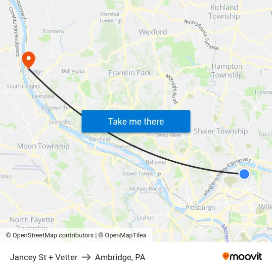 Jancey St + Vetter to Ambridge, PA map