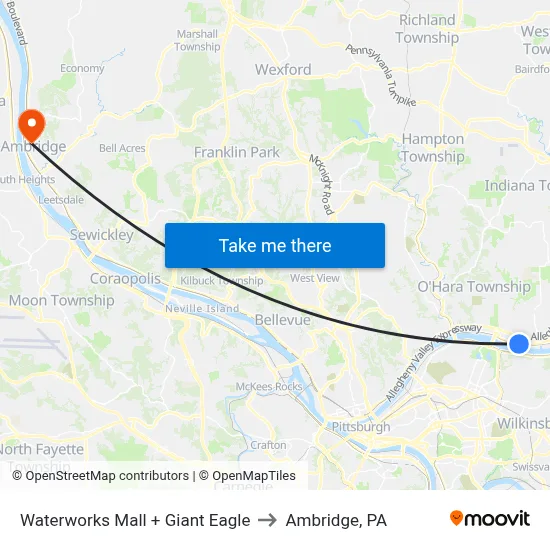 Waterworks Mall + Giant Eagle to Ambridge, PA map