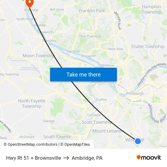 Hwy Rt 51 + Brownsville to Ambridge, PA map