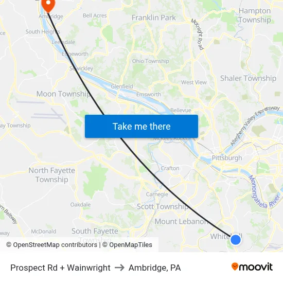 Prospect Rd + Wainwright to Ambridge, PA map