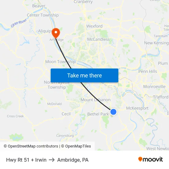 Hwy Rt 51 + Irwin to Ambridge, PA map