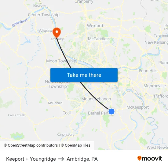 Keeport + Youngridge to Ambridge, PA map