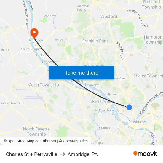Charles St + Perrysville to Ambridge, PA map