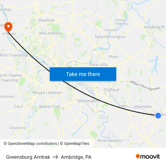 Greensburg Amtrak to Ambridge, PA map