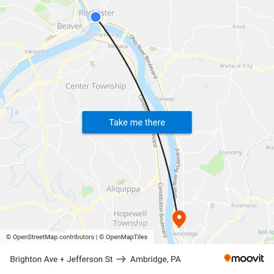 Brighton Ave + Jefferson St to Ambridge, PA map