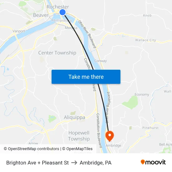 Brighton Ave + Pleasant St to Ambridge, PA map