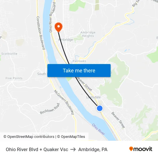 Ohio River Blvd + Quaker Vsc to Ambridge, PA map
