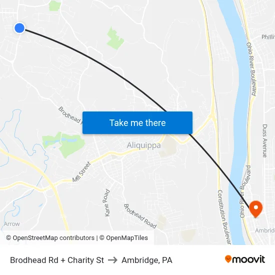 Brodhead Rd + Charity St to Ambridge, PA map