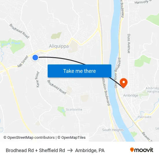 Brodhead Rd + Sheffield Rd to Ambridge, PA map