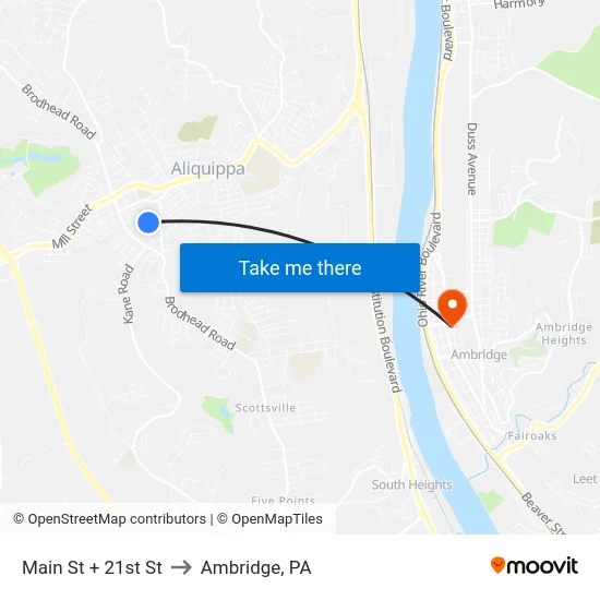 Main St + 21st St to Ambridge, PA map