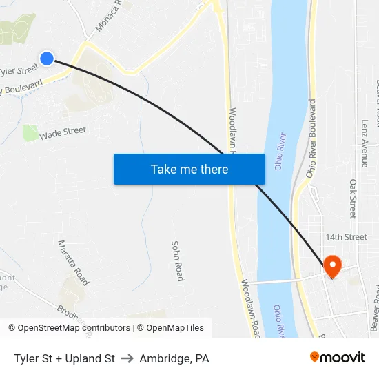 Tyler St + Upland St to Ambridge, PA map