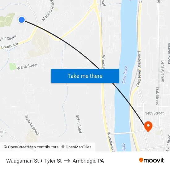 Waugaman St + Tyler St to Ambridge, PA map