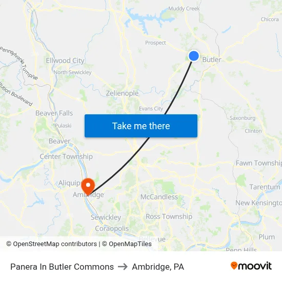 Panera In Butler Commons to Ambridge, PA map