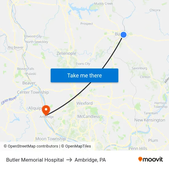 Butler Memorial Hospital to Ambridge, PA map