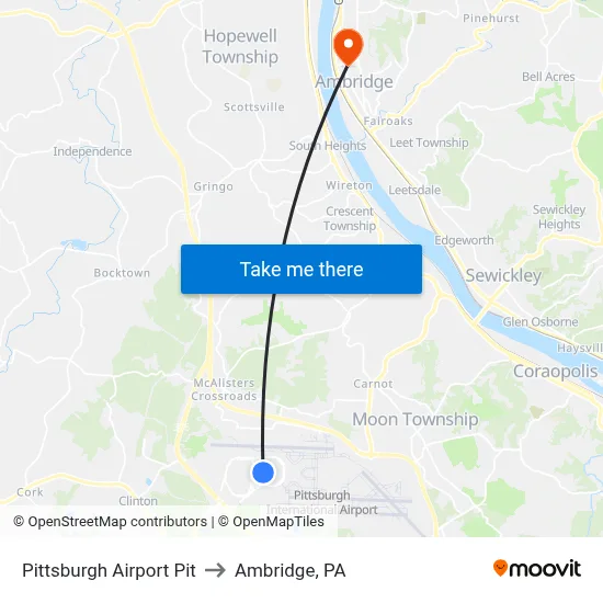 Pittsburgh Airport Pit to Ambridge, PA map