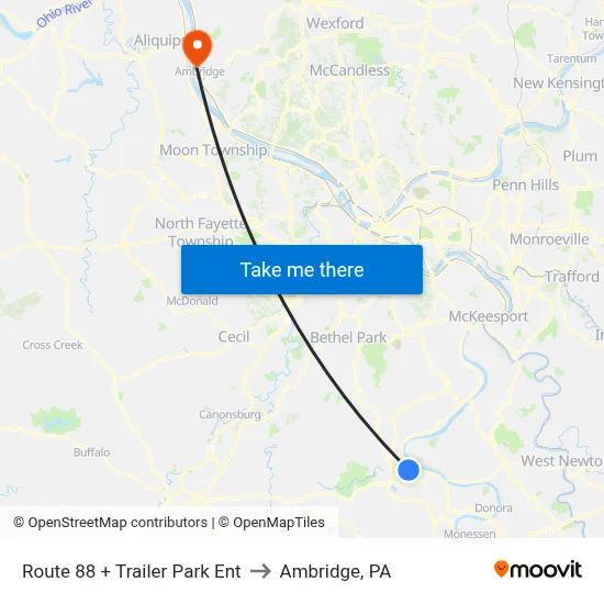 Route 88 + Trailer Park Ent to Ambridge, PA map