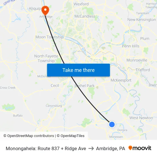 Monongahela: Route 837 + Ridge Ave to Ambridge, PA map