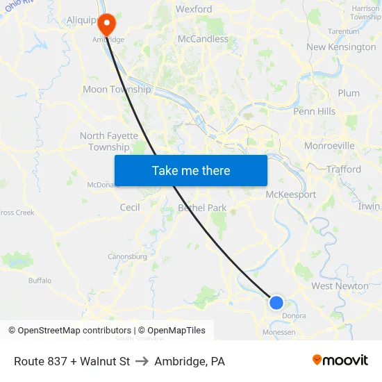 Route 837 + Walnut St to Ambridge, PA map