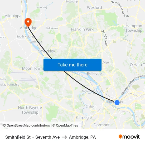 Smithfield St + Seventh Ave to Ambridge, PA map