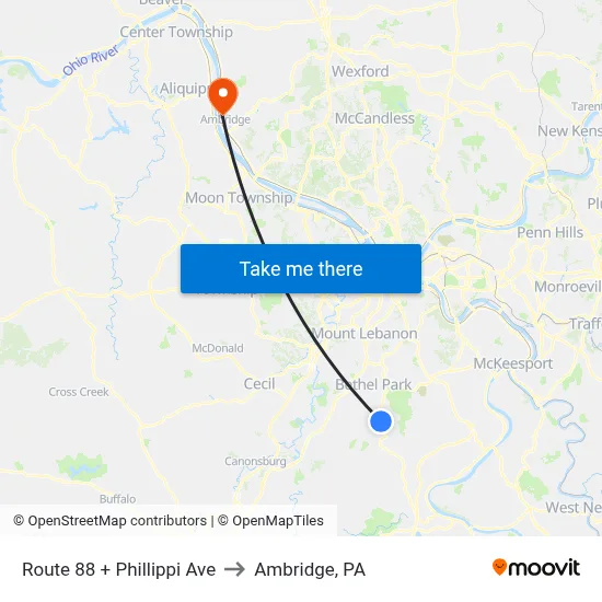 Route 88 + Phillippi Ave to Ambridge, PA map