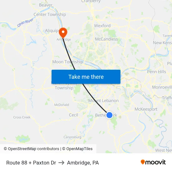 Route 88 + Paxton Dr to Ambridge, PA map