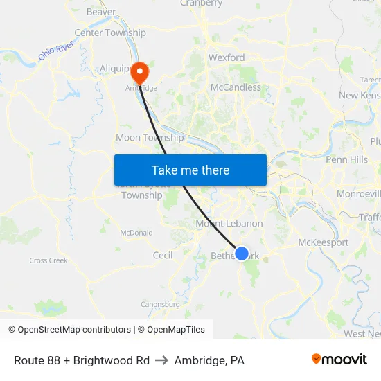 Route 88 + Brightwood Rd to Ambridge, PA map