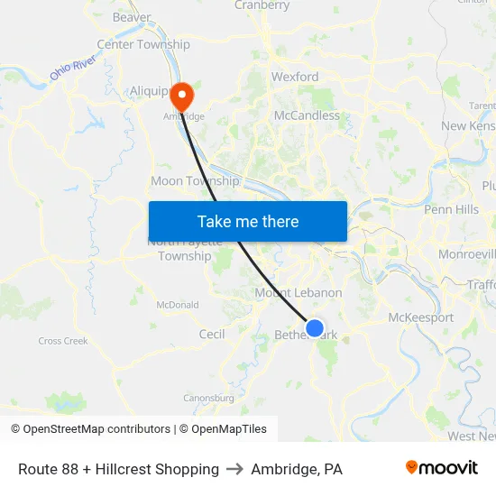 Route 88 + Hillcrest Shopping to Ambridge, PA map