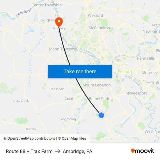 Route 88 + Trax Farm to Ambridge, PA map