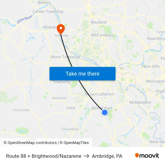 Route 88 + Brightwood/Nazarene to Ambridge, PA map