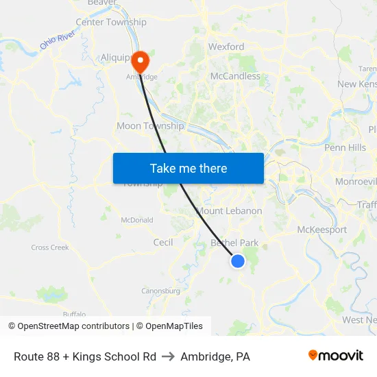 Route 88 + Kings School Rd to Ambridge, PA map