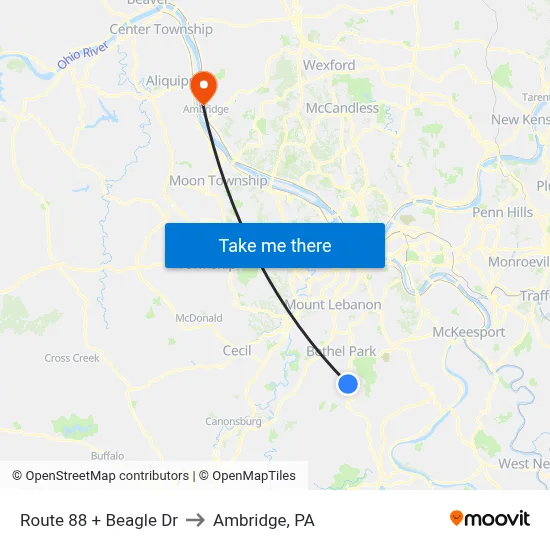 Route 88 + Beagle  Dr to Ambridge, PA map