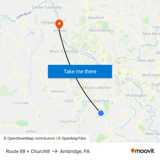Route 88 + Churchill to Ambridge, PA map