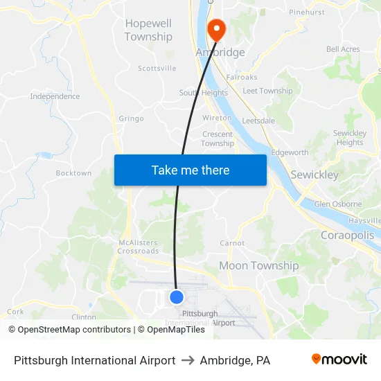 Pittsburgh International Airport to Ambridge, PA map