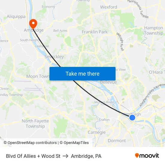 Blvd Of Allies + Wood St to Ambridge, PA map