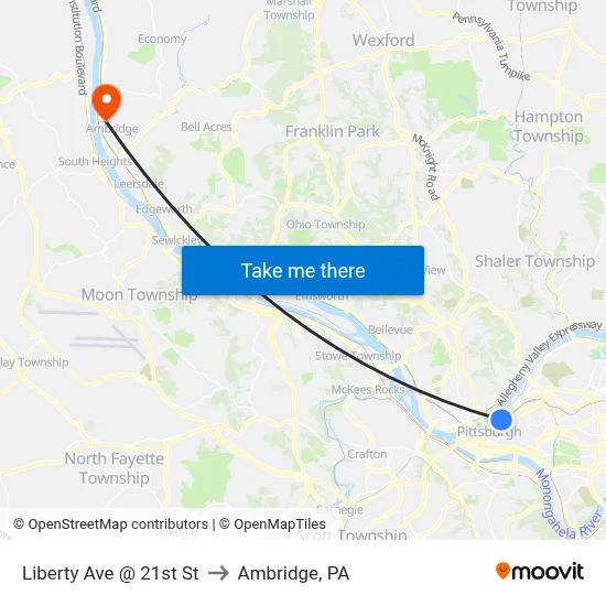 Liberty Ave @ 21st St to Ambridge, PA map