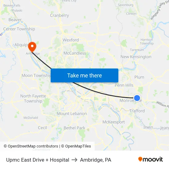 Upmc East Drive + Hospital to Ambridge, PA map