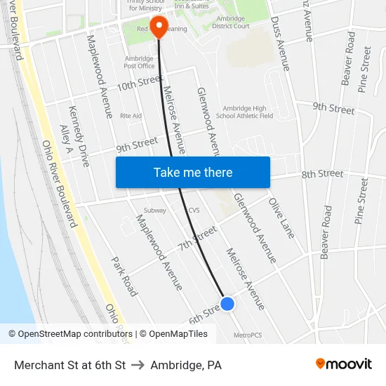 Merchant St at 6th St to Ambridge, PA map