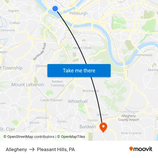 Allegheny to Pleasant Hills, PA map