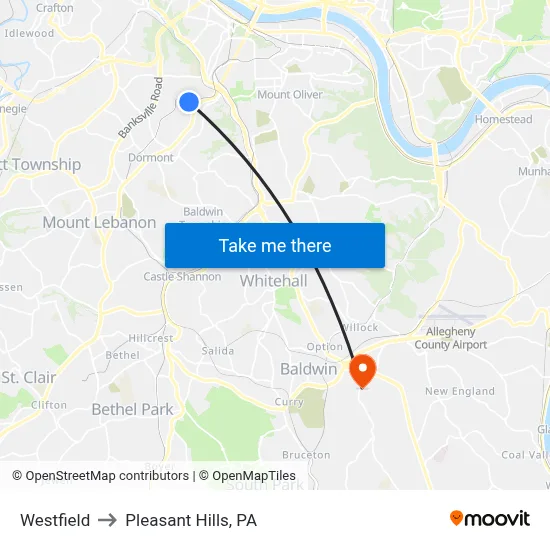 Westfield to Pleasant Hills, PA map
