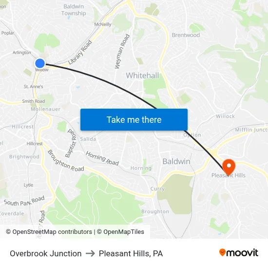 Overbrook Junction to Pleasant Hills, PA map