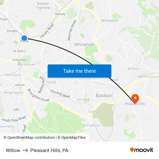 Willow to Pleasant Hills, PA map