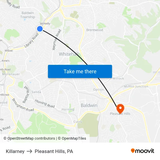 Killarney to Pleasant Hills, PA map