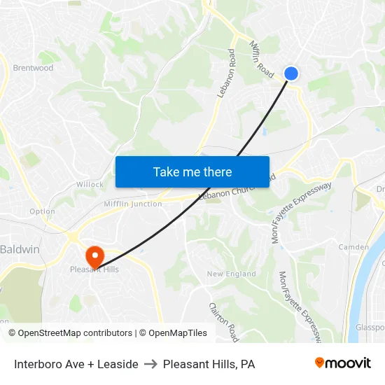 Interboro Ave + Leaside to Pleasant Hills, PA map
