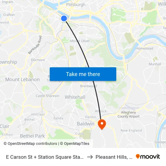 E Carson St + Station Square Station to Pleasant Hills, PA map