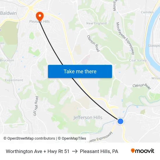 Worthington Ave + Hwy Rt 51 to Pleasant Hills, PA map