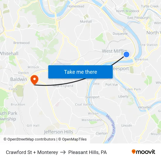Crawford St + Monterey to Pleasant Hills, PA map