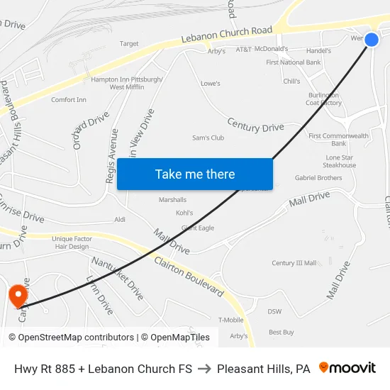 Hwy Rt 885 + Lebanon Church FS to Pleasant Hills, PA map