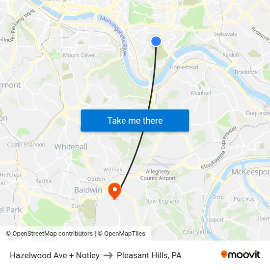 Hazelwood Ave + Notley to Pleasant Hills, PA map