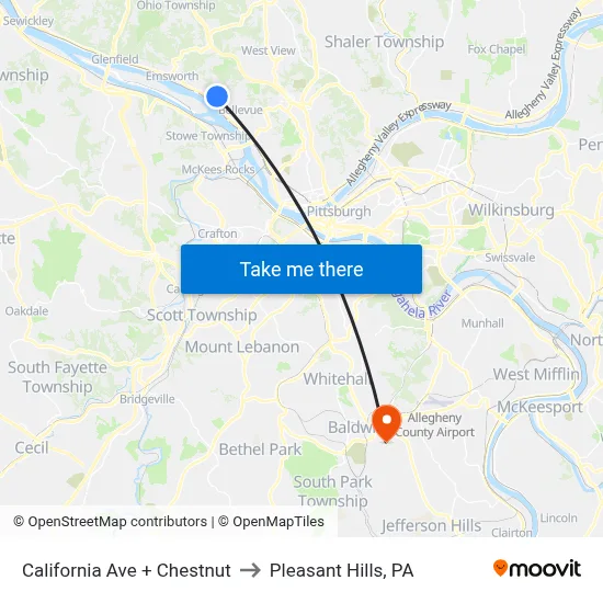 California Ave + Chestnut to Pleasant Hills, PA map